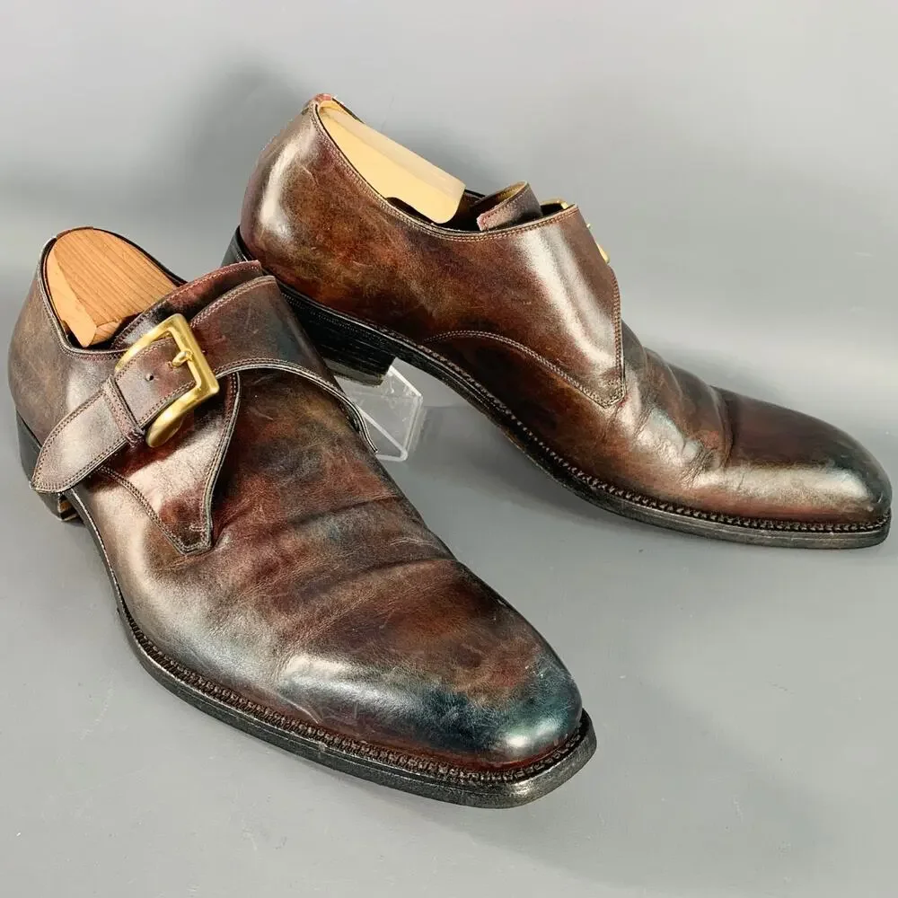 CALZOLERIA HARRIS Size 12 Brown Antique Leather Monk Strap Loafers